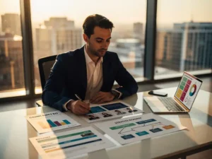 Professional in pak beoordeelt kandidatenportfolio op modern bureau met analytics-rapporten, strategiedocument en laptop met datacharts.