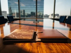 Twee leren portfolio's op een mahonie vergadertafel, één versleten en geannoteerd, de ander ongerept, met glazen kantoorgebouw op de achtergrond.