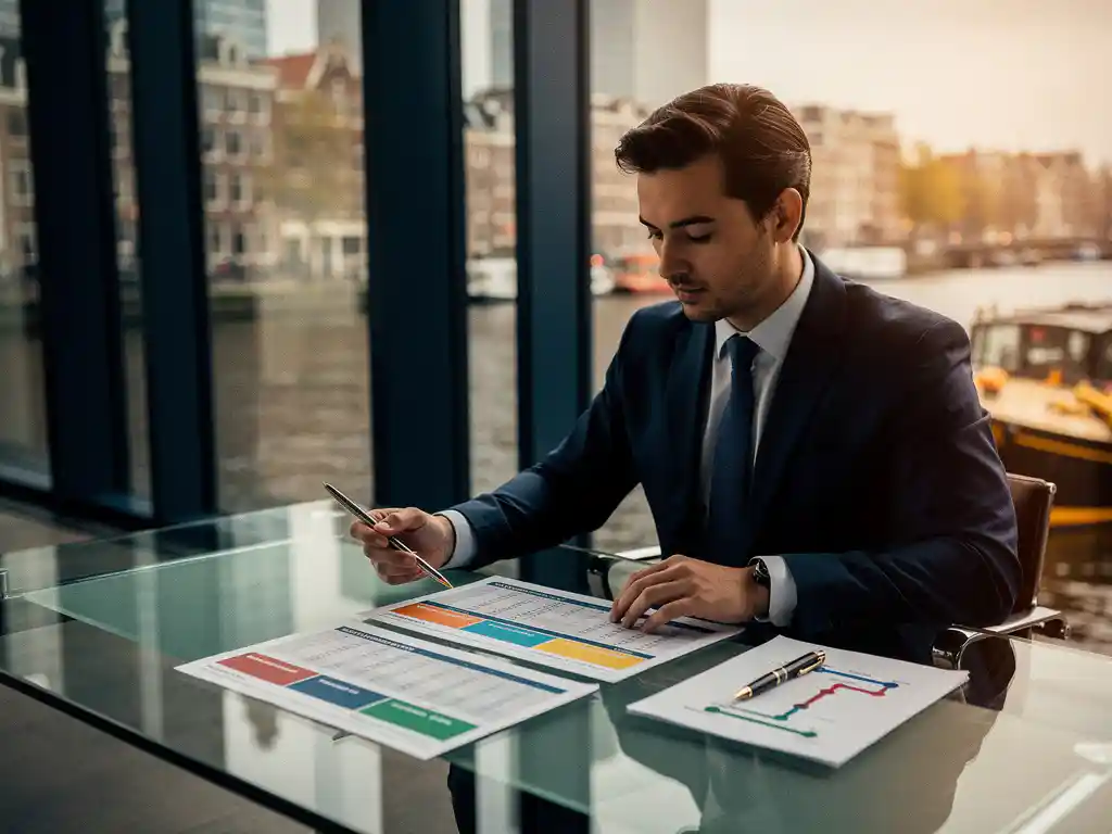 Professional in nette kleding bestudeert scorecard en pipeline-overzicht aan glazen bureau in modern Amsterdams kantoor met vloer-tot-plafondvensters.