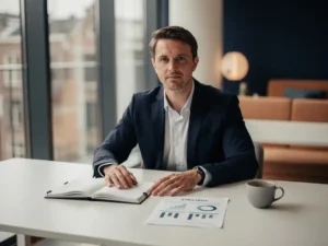 Professional aan minimalistisch wit bureau met strategienotitieboek, datadashboard en koffie, natuurlijk daglicht, Amsterdam kantoor.