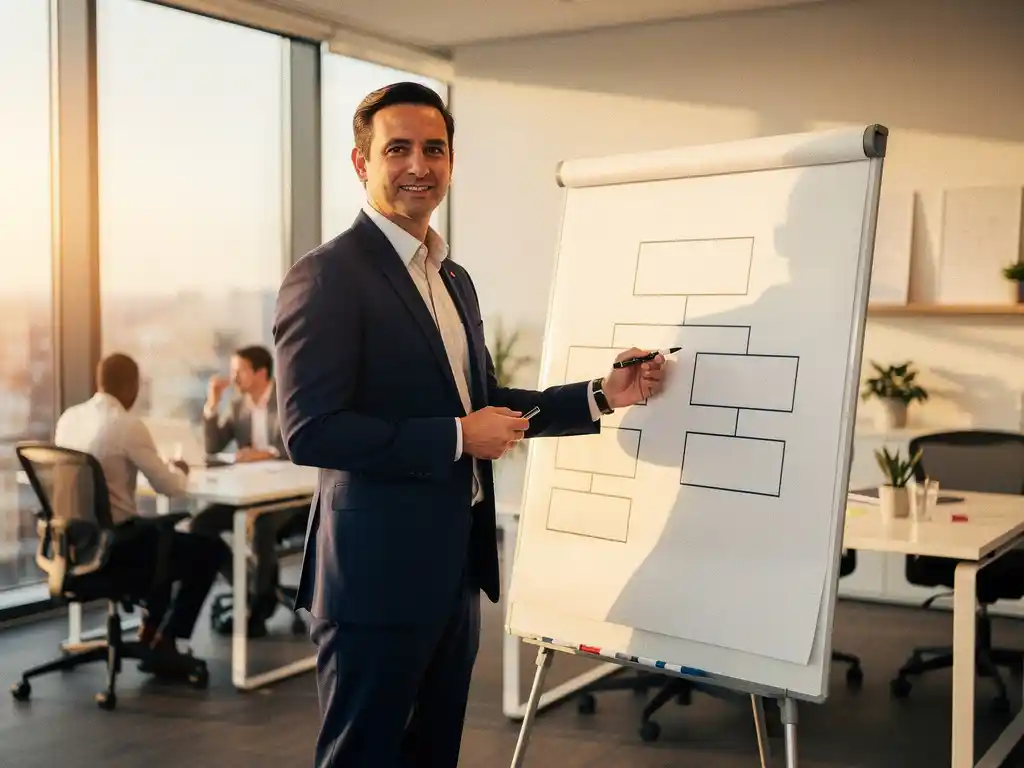 Professional presenteert organisatieschema op whiteboard in modern kantoor met collega's op de achtergrond.