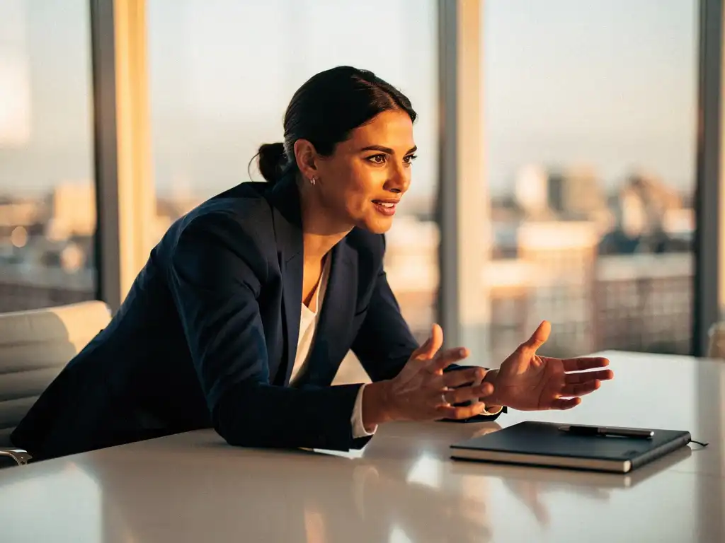 Zelfverzekerde professional in blazer leunt voorover aan vergadertafel in modern Amsterdams kantoor met gouden middaglicht.