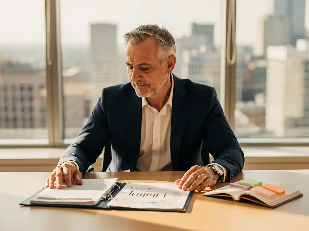 Professional in blazer vergelijkt contractmap en notitieboek aan minimalistisch bureau met warm natuurlijk licht.