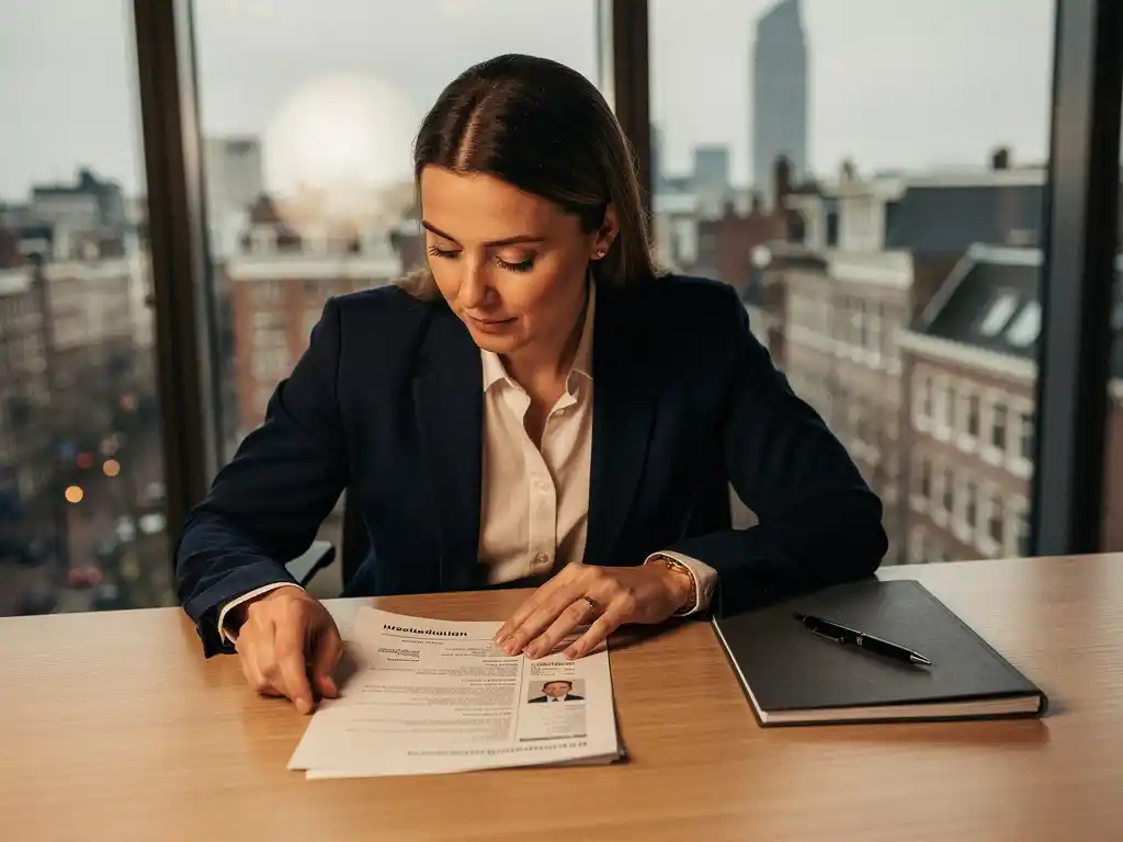 Recruiter bekijkt aandachtig een cv op een eikenhouten bureau in een modern Amsterdams kantoor met grote ramen.