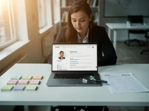 Recruiter beoordeelt kandidaatprofiel op laptop aan wit bureau met sticky notes, checklist en vergrootglas, Amsterdam kantoor.