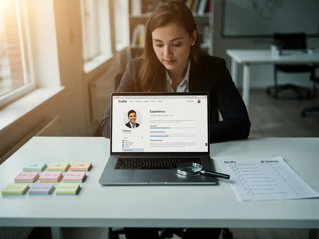 Recruiter beoordeelt kandidaatprofiel op laptop aan wit bureau met sticky notes, checklist en vergrootglas, Amsterdam kantoor.