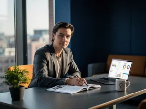 Professioneel in strak pak beoordeelt kandidatenportfolio aan modern bureau met laptop, plant en koffiemok in licht Amsterdams kantoor.