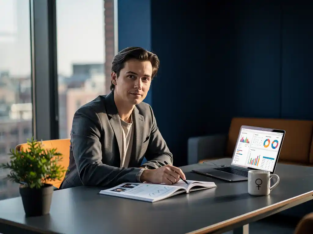 Professioneel in strak pak beoordeelt kandidatenportfolio aan modern bureau met laptop, plant en koffiemok in licht Amsterdams kantoor.