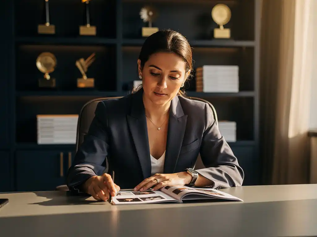 Recruiter in maatpak bekijkt kandidatenportfolio aan modern bureau, met lege stoel en agentschapsprijzen op achtergrond.