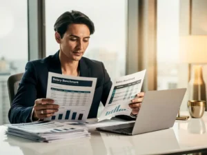 Professional in getailleerd blazer bestudeert salarisbenchmark documenten aan modern bureau met laptop, warm natuurlijk licht.