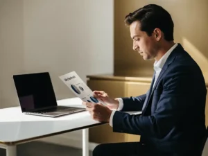 Professional in blazer bestudeert salarisrapport aan modern bureau met laptop, warm kantoorlicht in marineblauw en goud.