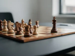 Schaakbord met tactische pionformatie en strategisch geplaatste koningin op modern bureau, warm amberkleurig licht.