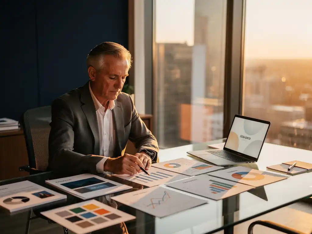 Ervaren directeur bekijkt groeicijfers op glazen bureau met laptop en creatieve briefs in warm verlicht kantoor.