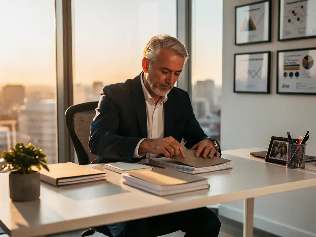 Senior marketingprofessional pakt merkartikelen uit op modern bureau, omringd door awards en strategiedocumenten in warm goudkleurig kantoorlicht.