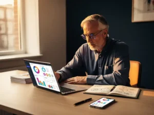 Senior professional analyseert marketingdashboards op laptop aan minimalistisch bureau in modern Amsterdams kantoor met gouden daglicht.