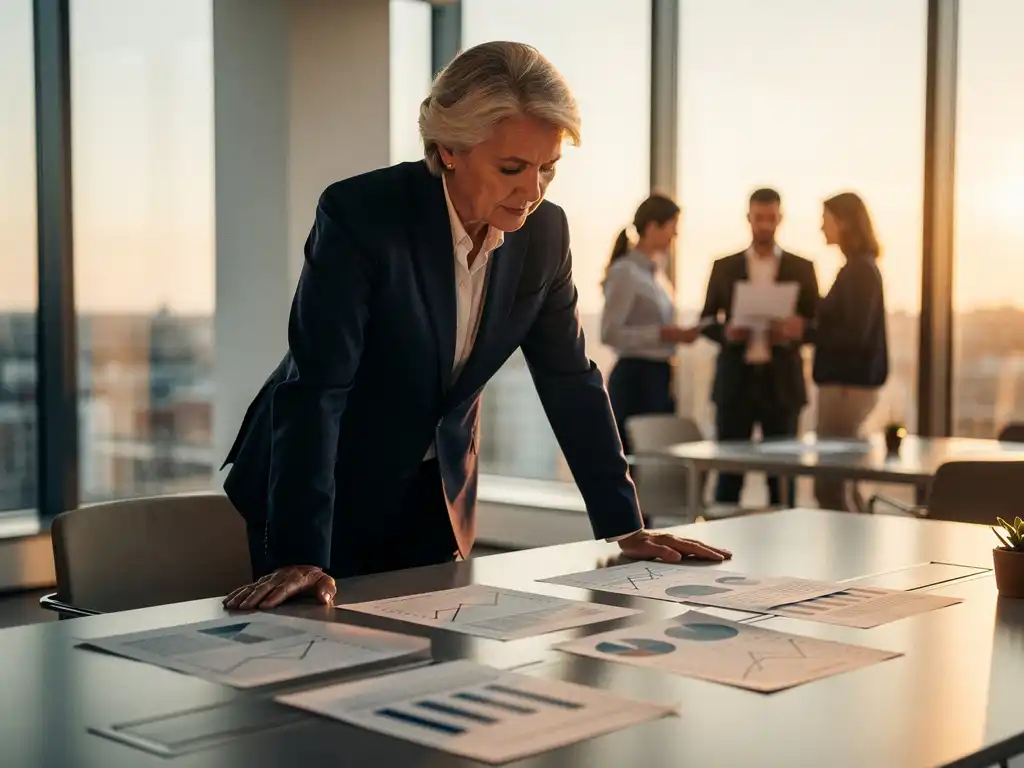 Ervaren professional in blazer analyseert groeigrafiek aan modern bureau, klein agentschapsteam zichtbaar op de achtergrond in warm goudkleurig licht.