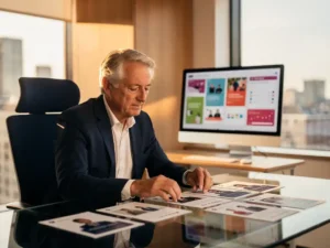 Ervaren professional bekijkt kandidatenprofielen op glazen bureau, met digitale advertentiedashboards op achtergrondmonitor in modern Amsterdams kantoor.