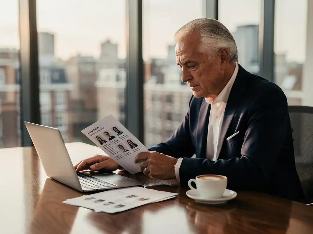 Senior professional in maatpak bekijkt kandidatenlijst op modern bureau met laptop en espresso in Amsterdam kantoor met vloer-tot-plafond ramen.