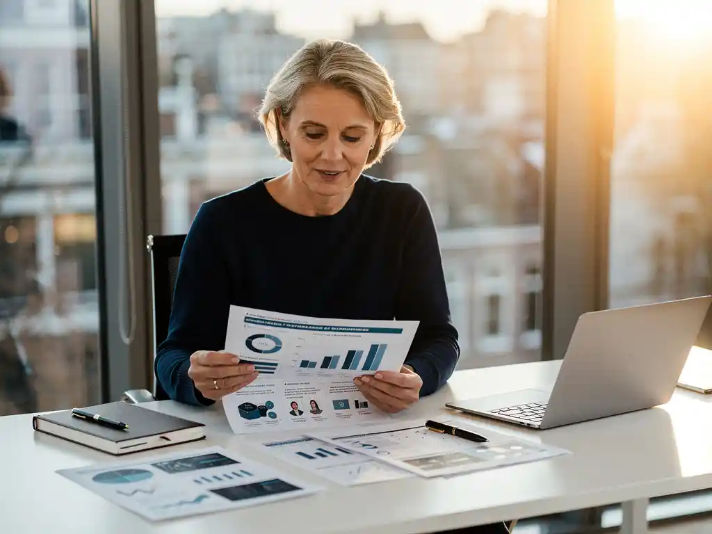 Ervaren professional bestudeert marketingrapport aan modern bureau in Amsterdam kantoor met vloer-tot-plafond ramen en warm middaglicht.
