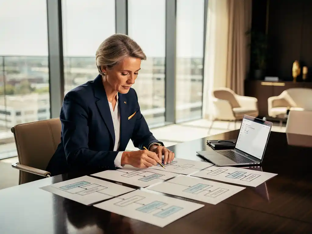 Ervaren professional in blazer bestudeert organisatieschema op vergadertafel met laptop en natuurlijk licht in modern boardroom.