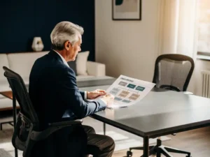 Ervaren professional in blazer bestudeert een organigram aan modern bureau, lege stoel tegenover suggereert aankomende aanwerving.