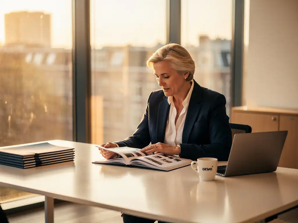 Ervaren professional in blazer bekijkt klantportfolio aan modern bureau in licht Amsterdams kantoor met gouden ochtendlicht.