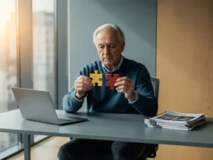 Senior professional vergelijkt twee puzzelstukken aan modern bureau met laptop en documenten, warm natuurlijk zijlicht in Amsterdams kantoor.