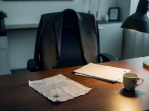 Zakelijk colbert op kantoorstoel naast verfrommeld cv op gepolijst bureau, met lege koffiebeker in modern kantoor.