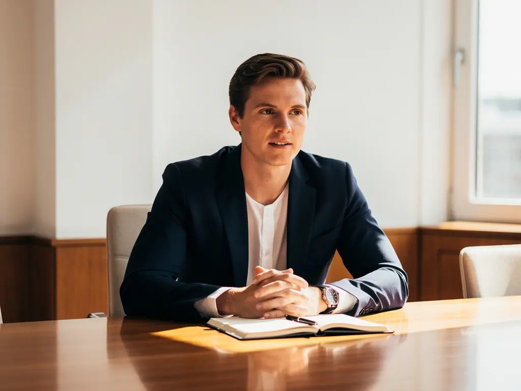 Professional in gesprek aan vergadertafel in modern Amsterdams kantoor, notebook en pen bij de hand, natuurlijk raamlicht.