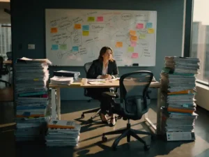 Marketingmanager omringd door stapels onafgewerkte campagnebriefings in een rommelig kantoor met een leeg bureau naast haar.