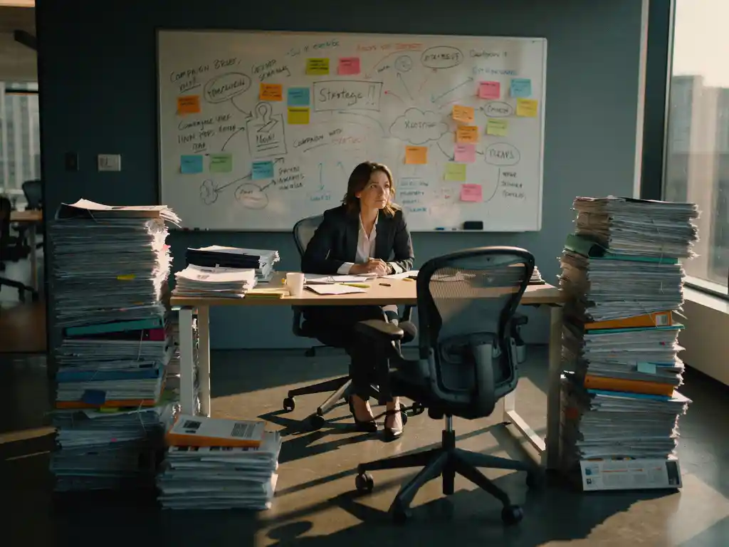 Marketingmanager omringd door stapels onafgewerkte campagnebriefings in een rommelig kantoor met een leeg bureau naast haar.