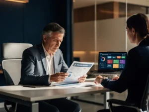 Twee professionals bekijken een strategische roadmap en campagneanalytics in een modern kantoor met glazen scheidingswand en natuurlijk licht.