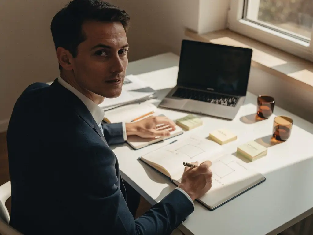 Professional aan wit bureau met open notitieboeken, laptop en sticky notes als strategie-overzicht, warm natuurlijk zijlicht.