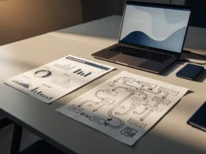 Bureau met analytics-dashboard printout en handgetekende strategische roadmap naast een open laptop in warm natuurlijk licht.