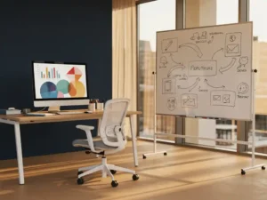 Modern open-plan kantoor met strategisch bureau, monitor met campagne-analytics en whiteboard vol roadmap-schetsen in warm middaglicht.