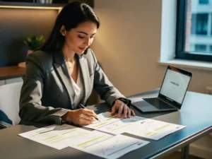 Professional in blazer bestudeert strategisch groeiplan op modern bureau met laptop en aantekeningen, warm kantoorlicht.