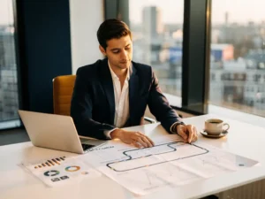 Professional in blazer bestudeert strategische groeikaart op modern bureau met laptop, grafieken en koffie, Amsterdam kantoor.