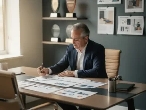 Senior professional in maatpak bestudeert strategische groeiroadmap aan modern bureau, met agentschapsawards zichtbaar op achtergrond.