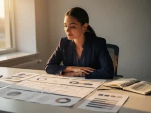 Vrouw bestudeert strategische marketingroadmap aan modern bureau met analyserapporten en notitieboek in warm kantoorlicht.