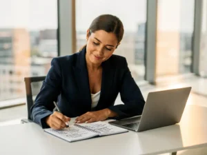 Professional in marineblauw blazer bestudeert strategische aantekeningen op modern bureau met laptop, warm natuurlijk licht.