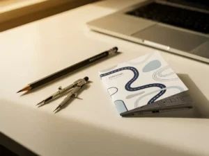 Scherp potlood, passer en gevouwen strategische routekaart op wit bureau met laptop op de achtergrond in warm gouden licht.