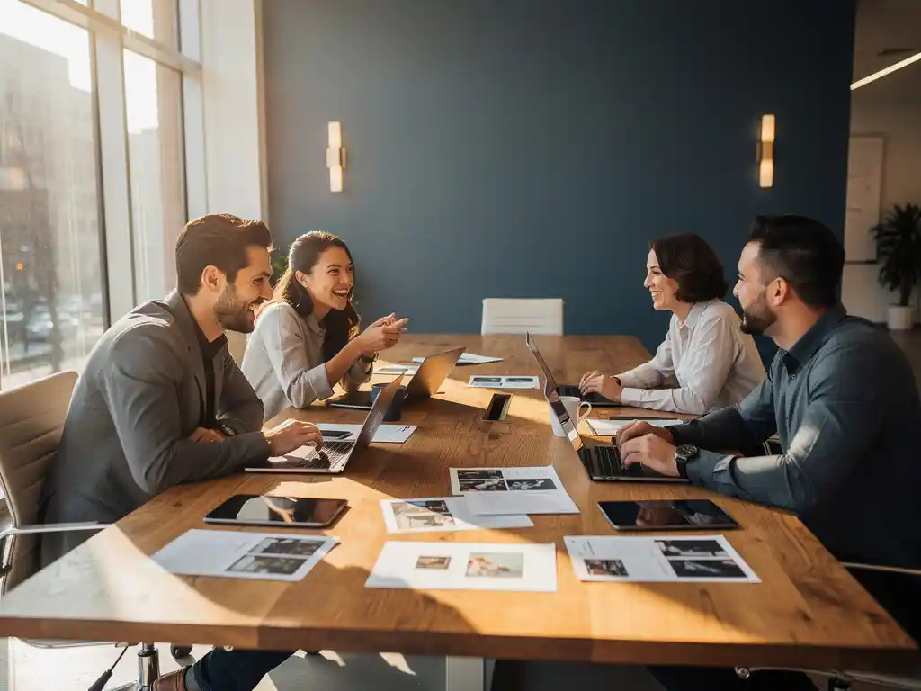 Vijf professionals in levendig overleg rond een eikenhouten vergadertafel in een modern kantoor, met laptops en campagnerapporten.