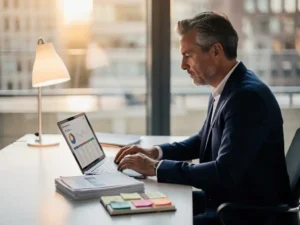 Ervaren executive in blazer bestudeert sales pipeline rapport aan modern bureau, plaknotities notitieboek terzijde, Amsterdams kantoor.