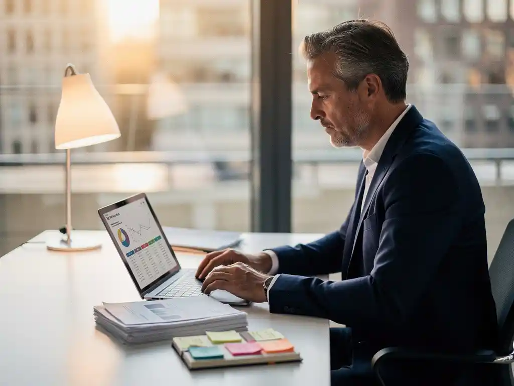Ervaren executive in blazer bestudeert sales pipeline rapport aan modern bureau, plaknotities notitieboek terzijde, Amsterdams kantoor.