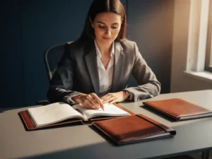 Salesprofessional in blazer bekijkt klantportfolio aan modern bureau met notitieboek en prospect-aantekeningen, warm kantoorlicht.