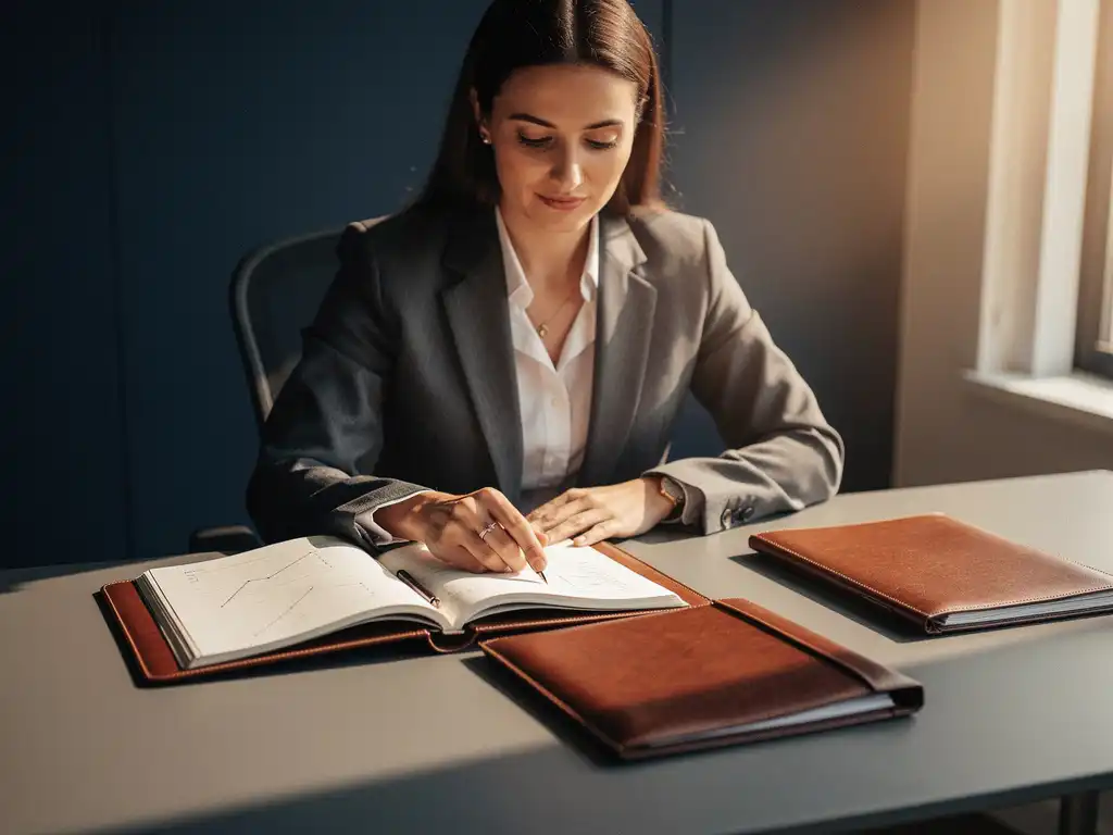 Salesprofessional in blazer bekijkt klantportfolio aan modern bureau met notitieboek en prospect-aantekeningen, warm kantoorlicht.