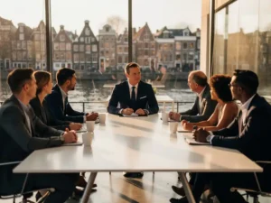 Ervaren executive in donker pak leidt verkoopvergadering in modern Amsterdams kantoor met panoramische stadsgezicht en gouden middaglicht.