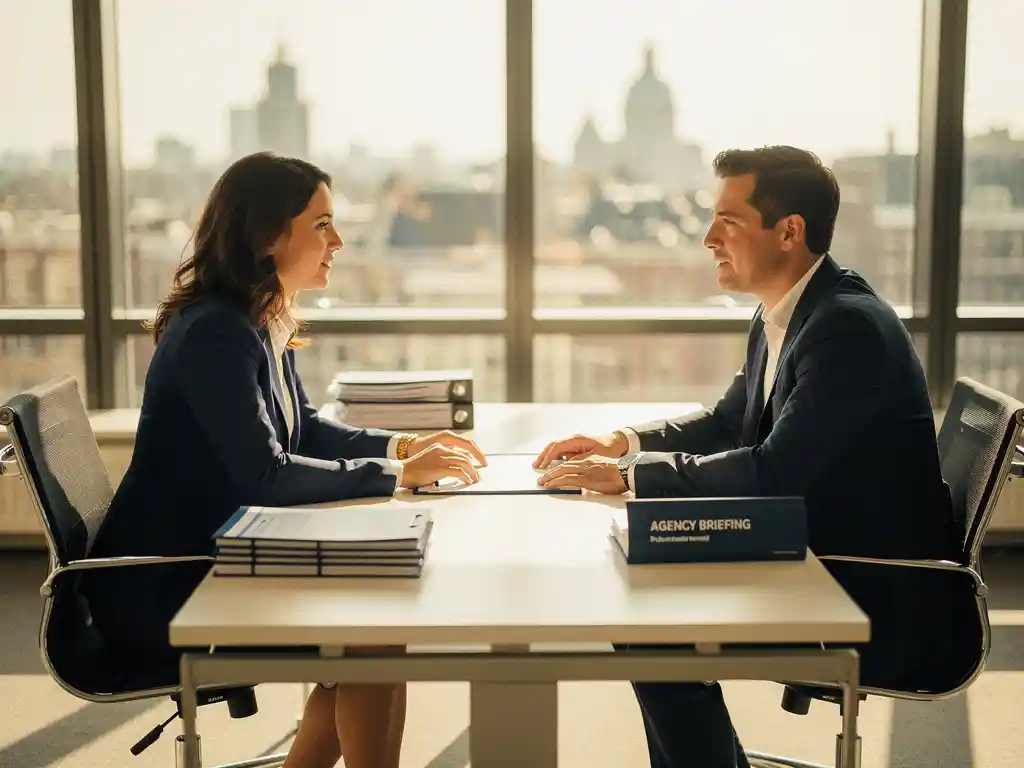 Recruitmentconsultant en klant bespreken documenten aan modern bureau in licht Amsterdams kantoor met vloer-tot-plafondvensters.