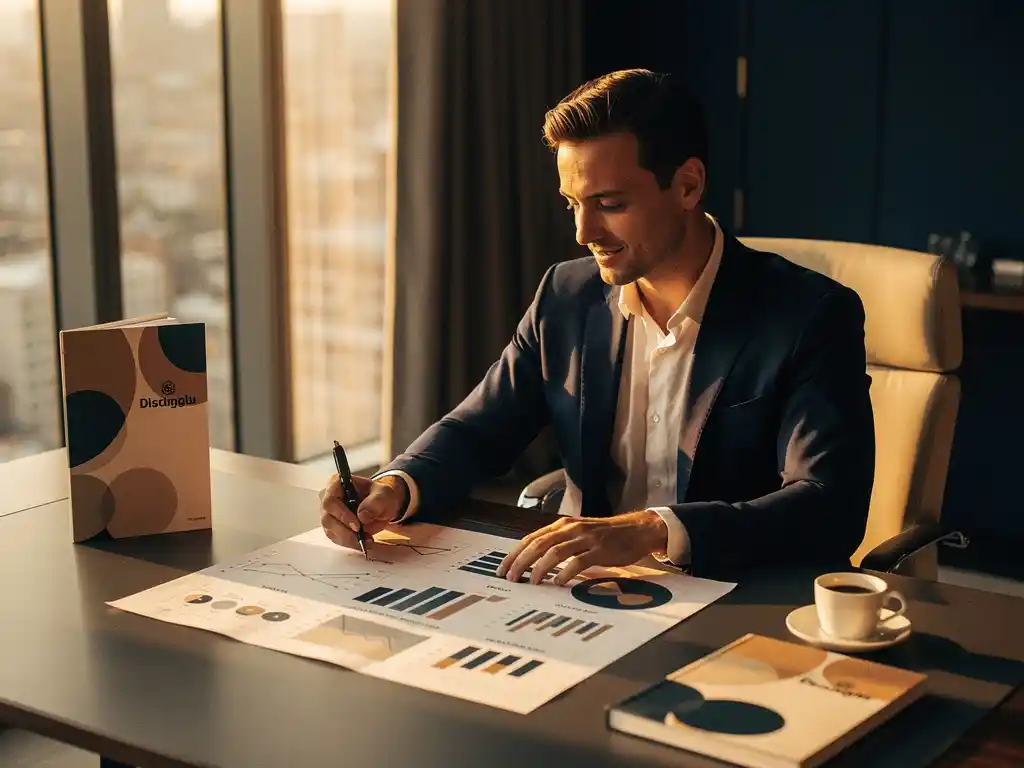 Professional in blazer analyseert bedrijfsgroeigrafiek aan modern bureau met portfolio en espresso, gouden middaglicht.