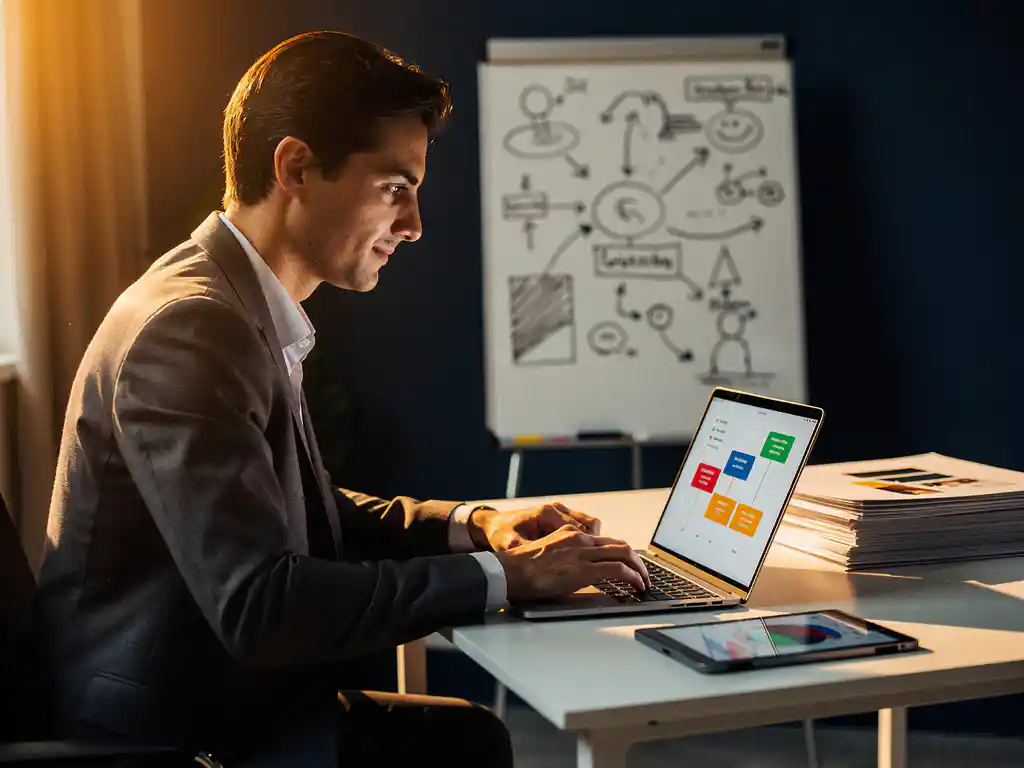 Professional in blazer bekijkt zakelijke groeipijplijn op laptop aan minimalistisch bureau met whiteboard en creatieve materialen.